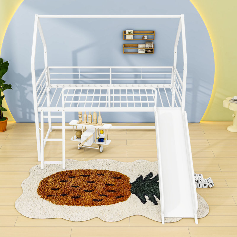 Twin Metal Loft Bed With Curtain, Slide And Ladder, White/Pink