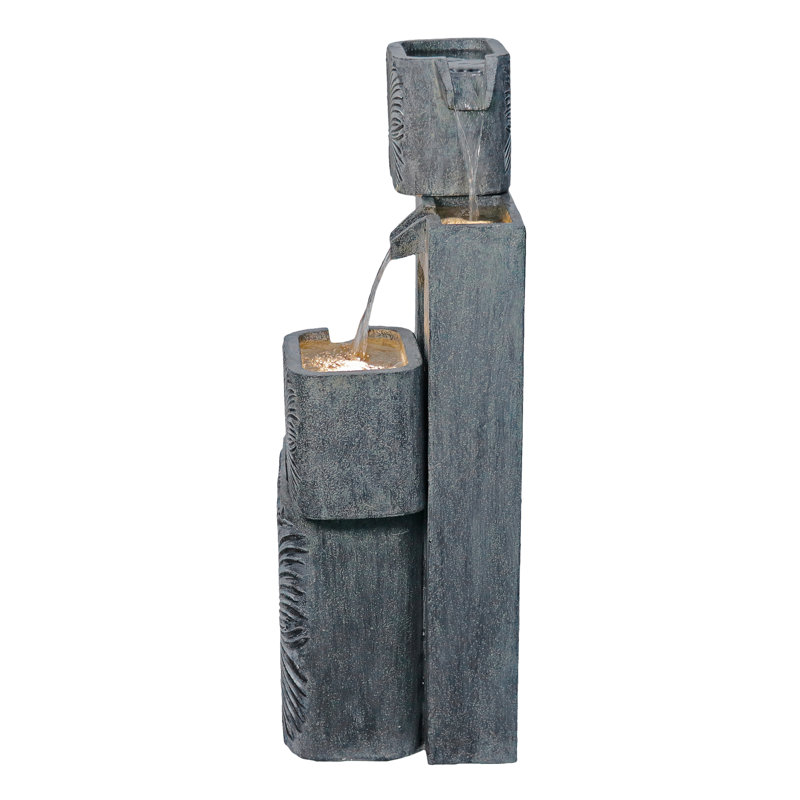 Modern Gray Concrete Tiered Outdoor Fountain with LED Lights