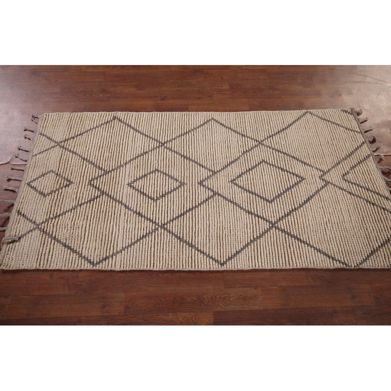 Tapis oriental rayé marocain en laine ivoire 3 x 6