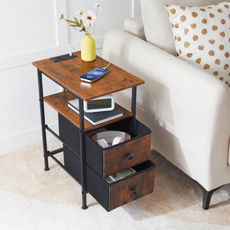 Table de bout étroite avec station de charge, Brun rustique / noir, 23.6" H x 18.9" L x 11.8" D