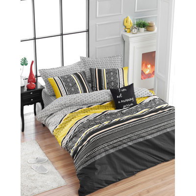 Ensemble de housse de couette 100% coton double 79 po x 87 po Ranforce | Comprend 2 taies d'oreiller (19,7 po x 27,6 po) | Lavable à la machine, 142 fils au pouce, élégant design jaune et noir et gris | Fermeture facile à boutons et enveloppes