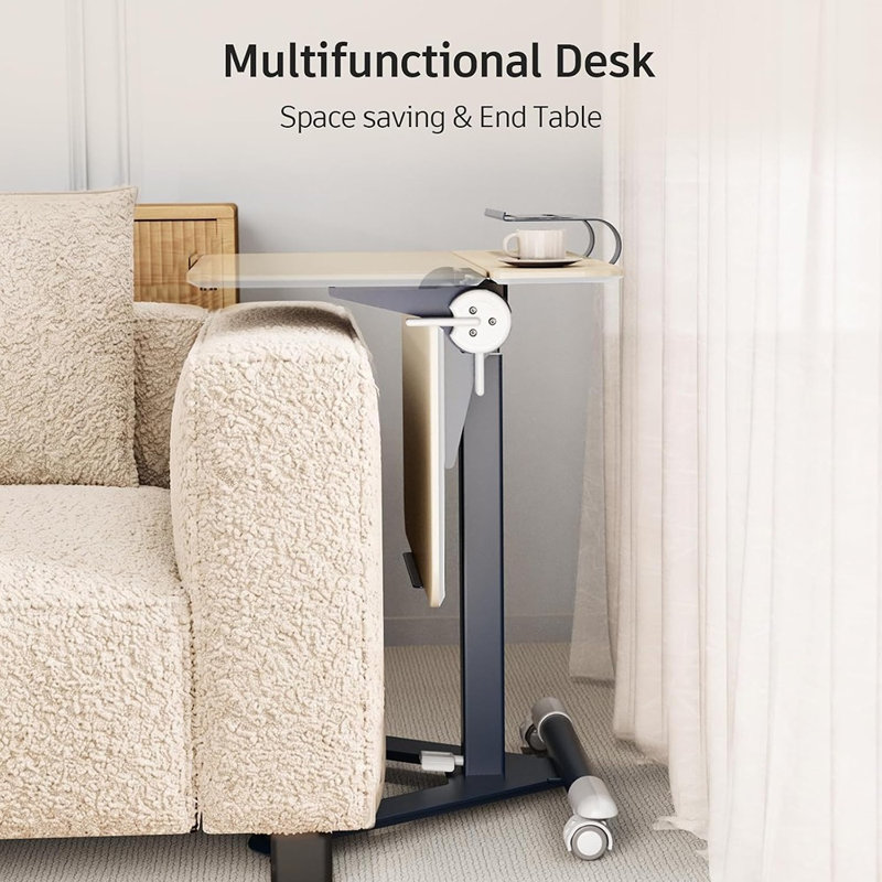 Bureau assis-debout à roulettes réglable avec plateau inclinable, chariot mobile pour ordinateur portable avec tablette de rangement, emplacement pour téléphone et porte-gobelet pour bureau à domicile, chambre ou petits espaces