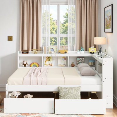 L-shaped Daybed With Bookcases, Power Outlets, Usb Charging Ports And 2 Drawers