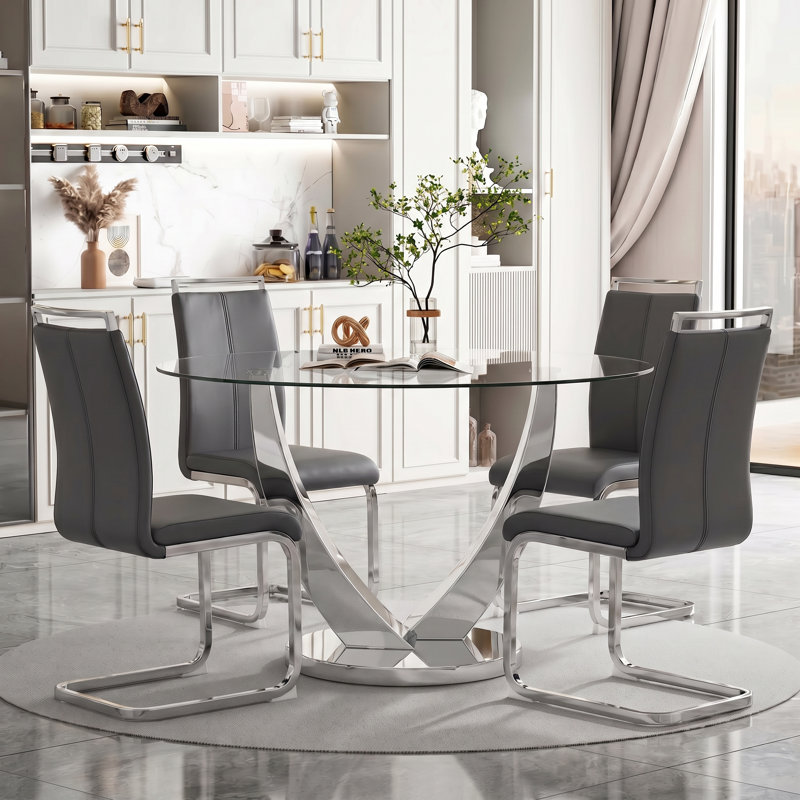 Modern Faux Leather Cantilever Dining Chairs (Set of 4), Dark Gray, Silver, 4