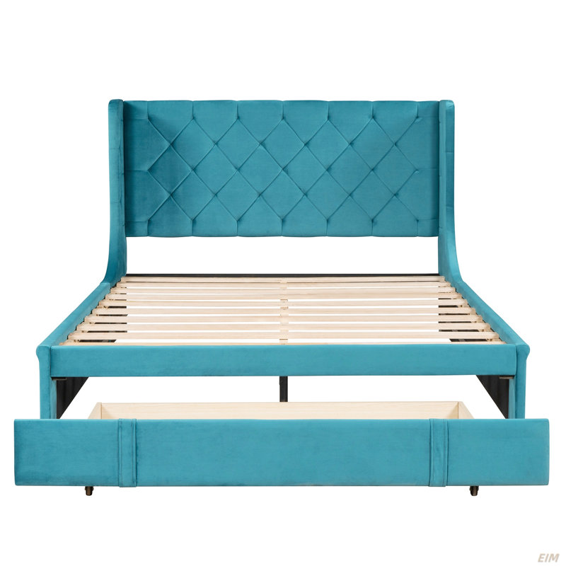 Velvet Upholstered Platform Bed with Wingback Headboard and a Big Drawer,  Queen Size, Blue 1