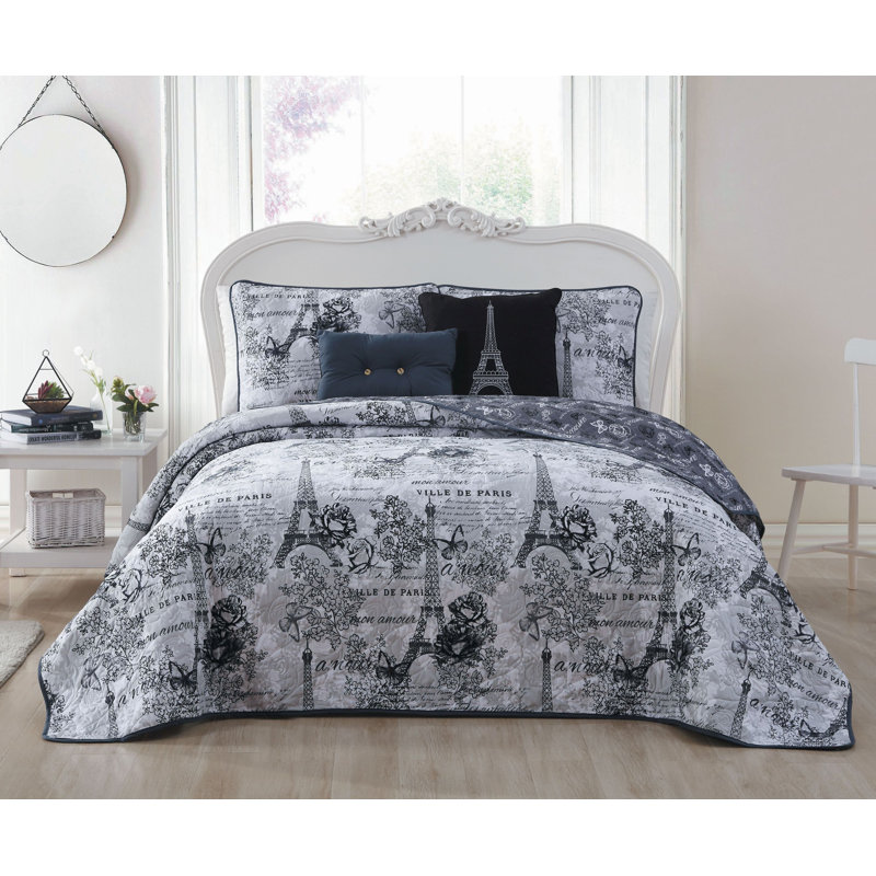 Ensemble de courtepointe réversible en microfibre 4 pièces Amour, Noir / Blanc
