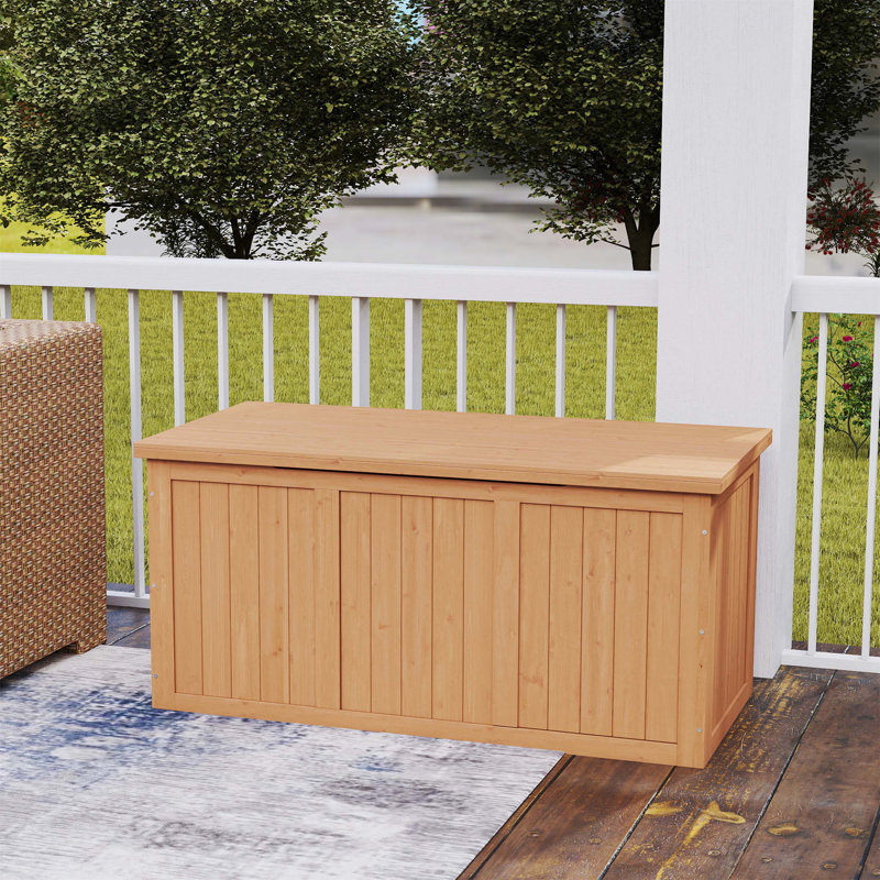 Outdoor Wooden Deck Box with Solid Wood Construction, Offering Storage, Seat, and Table Top for Patio Furniture Cushions, Pool Toys, and Garden Tools