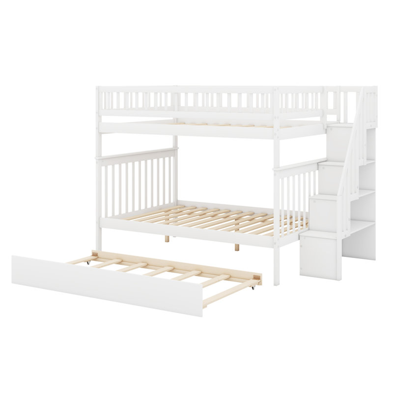 Bunk Bed With Trundle And Staircase, White