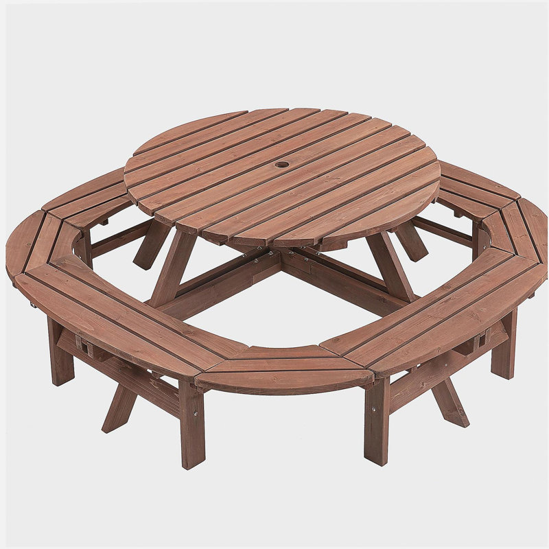 10-12-person Round Outdoor Wooden Picnic Table for Patio, Backyard, Garden, DIY with 1 Built-in Ring Stool, 500-lb Weight Capacity - Walnut Brown