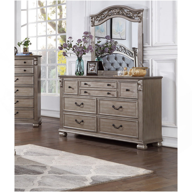 Commode et miroir en bois argent antique antique avec poignées suspendues et tiroirs suspendus