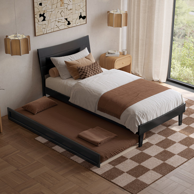 Phoenix Wood Platform Bed with Trundle, Black, Twin XL