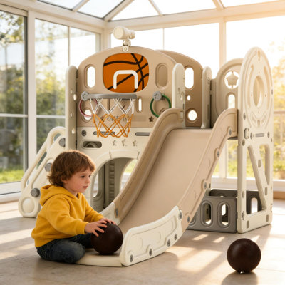 Glissade avec caractéristiques 7 en 1 pour 6 personnes: télescope, cerceau, anneau, grimpeur, tunnel et boîte de rangement, surface lisse idéale pour les enfants de 6 ans