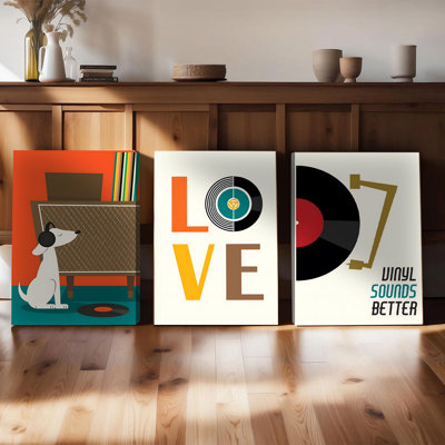Ensemble de 3 affiches murales encadrées, disques vinyle, ensemble de 3 impressions sur toile, art mural rétro avec thème de la musique rétro avec Gramophone rétro et chien mignon, typographie Love Sounds Better, décoration intérieure moderne pour 