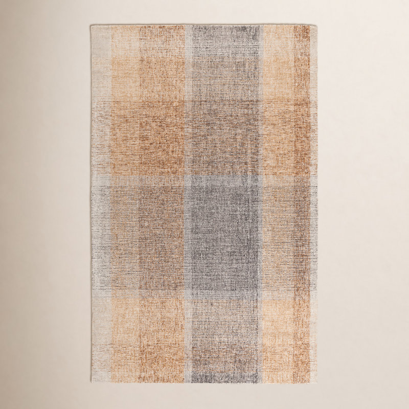 Light Brown Blue Hand-Tufted Geometric Wool Rug, Rectangle 4' x 6'
