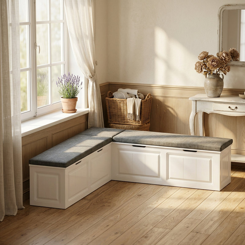Banc de rangement d'angle rembourré en forme de L Efrayim 63 po
