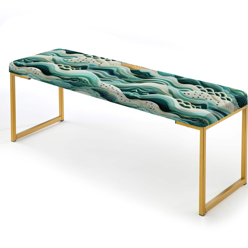 Coastal Chevron Green Waves Pattern - Coastal Upholstered Gold Bench