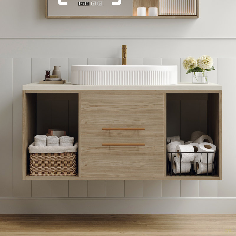 Meuble-lavabo mural moderne 38,2 po avec lavabo ovale en céramique et meuble flottant