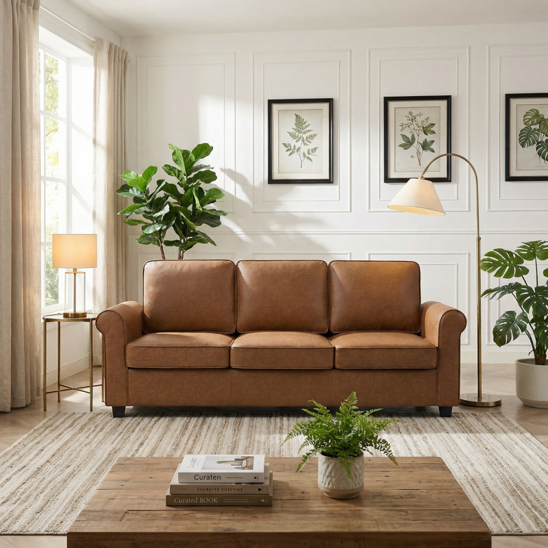 83" W 3 Seater Upholstered Sofa Faux Leather Rolled Arms Couch Mid Century Modern, Brown