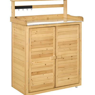 Garden Shed With 3 Shelf, Solid Fir Wood, 2 Magnetic Close Doors, Hooks, Yellow, 34.03" L X 18.2" W 46.38" H Shelves Potting Bench,