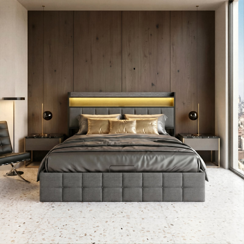 Ottoman Storage Bed With LED Headboard & USB-C Port, European Double & King Size Industrial Frame, Grey Linen
