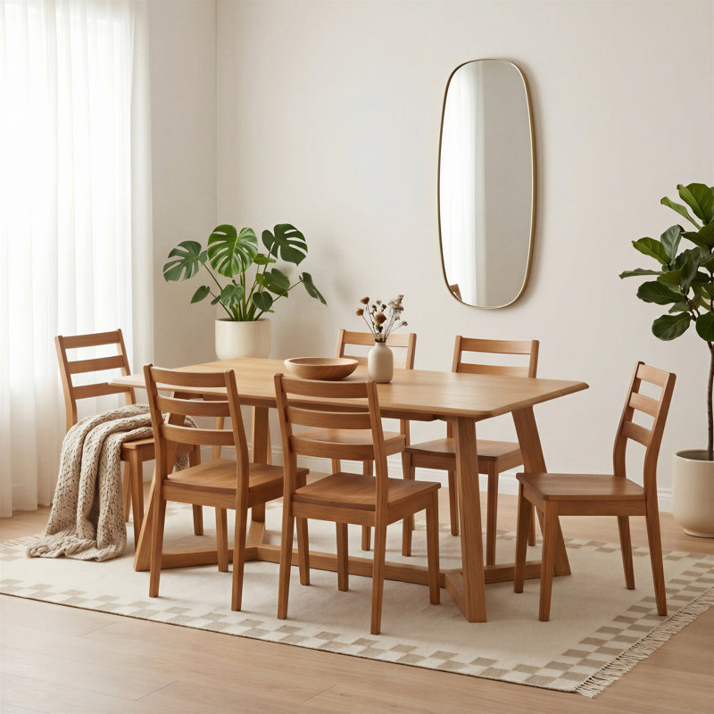 Beda Rubberwood Solid Wood Dining Set, Walnut, 7