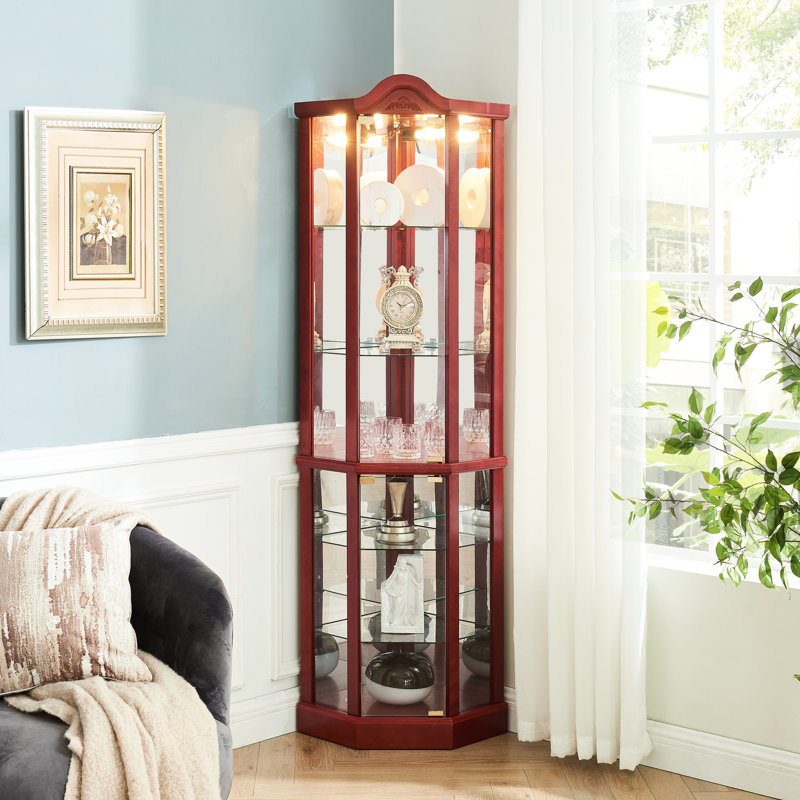 Adjustable Shelves In Cherry Look Lighted Corner Storage Cabinet Glass Curio With Lighting, Color, Storage, Intricate Carvings
