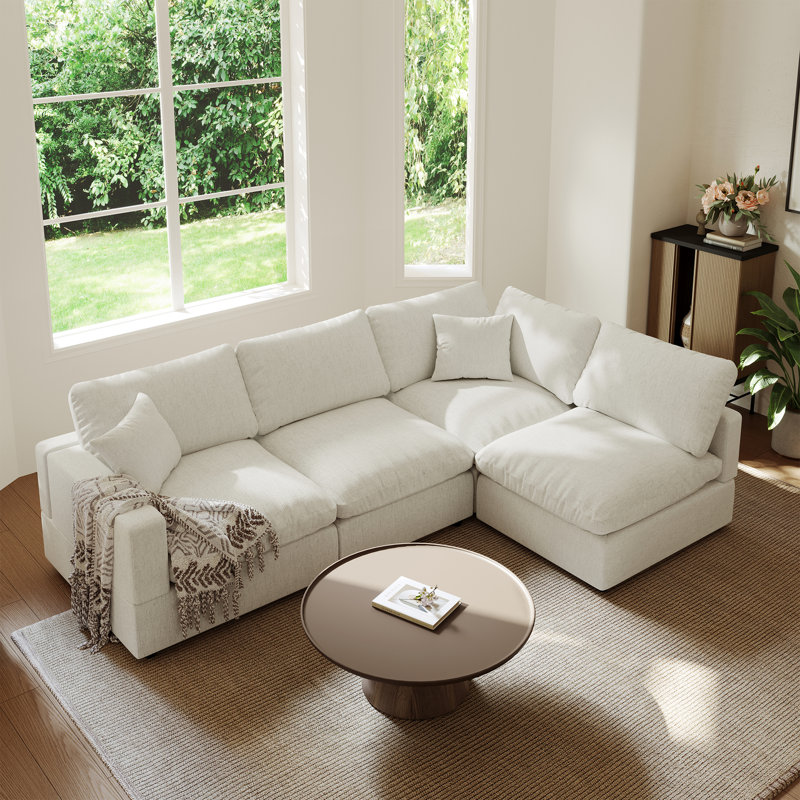 Upholstered Sofa, Cloud Couch Modular Sectional Sofa Couch For Living Room Bedroom, Cream Linen Blend