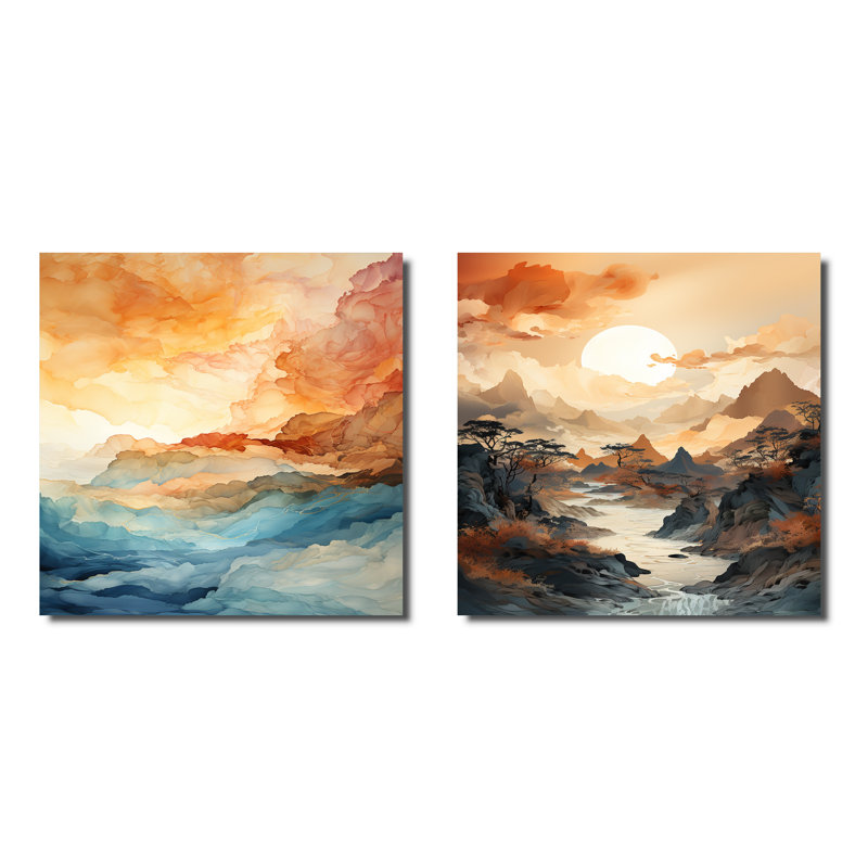 «Bold Sunset Coastal Horizon», ensemble de 2 carrés au coucher du soleil, Toile tendue, H 16 po x l 33 po