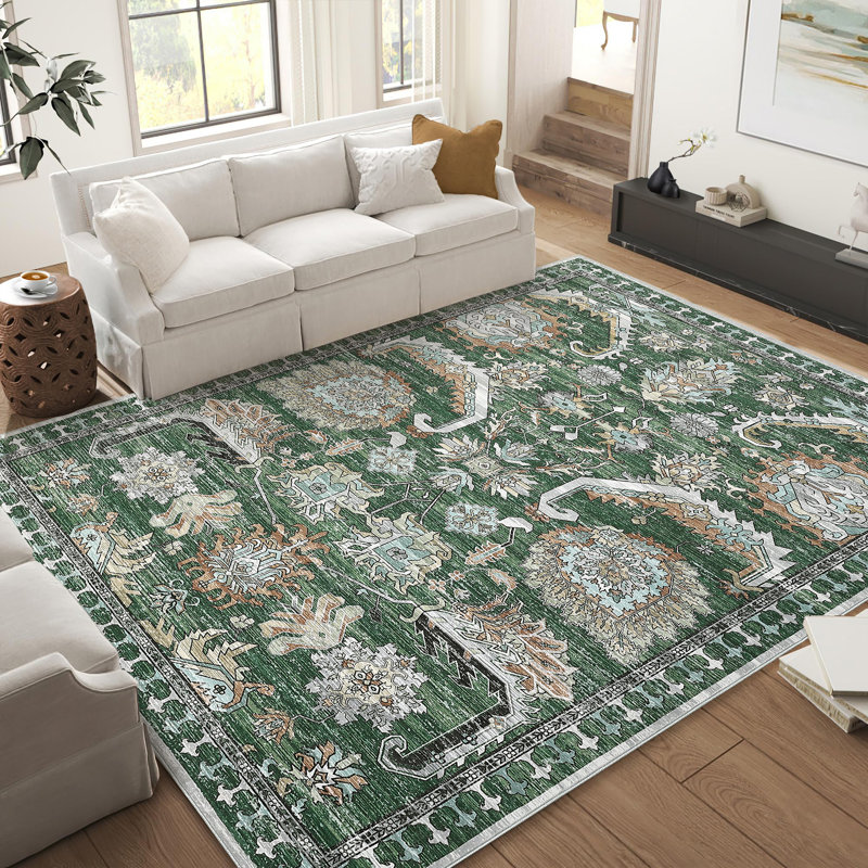 Oriental Machine Washable Rug with Rubber Backing for Living Room Vintage Non-Slip Dining Room Rug Floral Printed Faux Wool Rugs for Bedroom Floor Carpet for Office Nursery Playroom