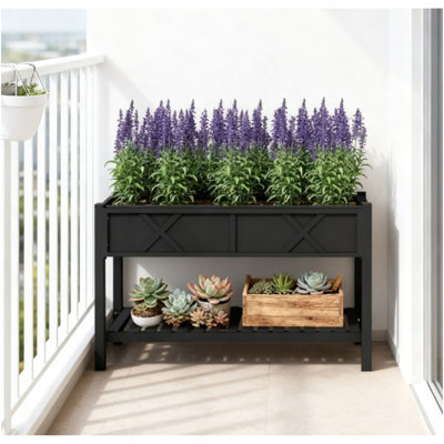 Boîte à fleurs surélevée en bois, lit de jardin surélevé, avec tablette de rangement, trous de drainage et doublure