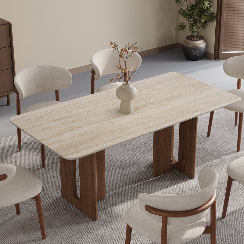 63'' Beige Sintered Stone Dining Table for 6, Rectangle Modern Dining Table with Double Brown Wood Legs, Mid Century Modern Kitchen Table