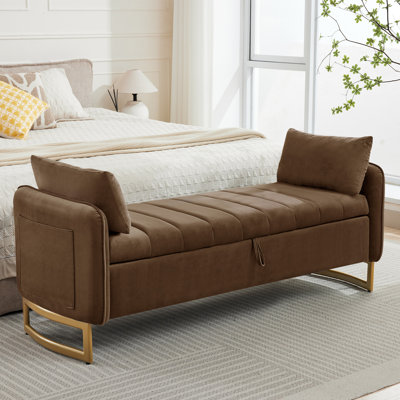 Banc de rangement moderne en velours de 66 po de longueur avec pieds dorés, poche pour accoudoirs et 2 coussins