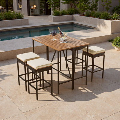Table de bar 5 pièces et 4 tabourets avec pieds réglables, plateau de table pliable et coussins