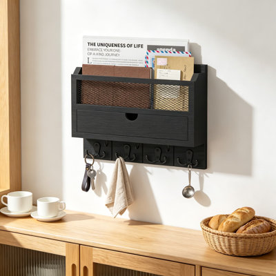 Wall Mounted Mail Organizer with Drawer, Wooden Key Holder and Letter Sorter for Entryway, Home Office