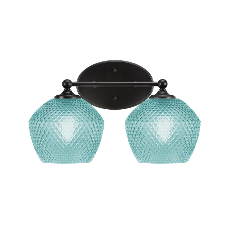 Barre d'éclairage de salle de bain 2 lumières en verre turquoise de 6 po Sheffield, Bleu, Noir mat