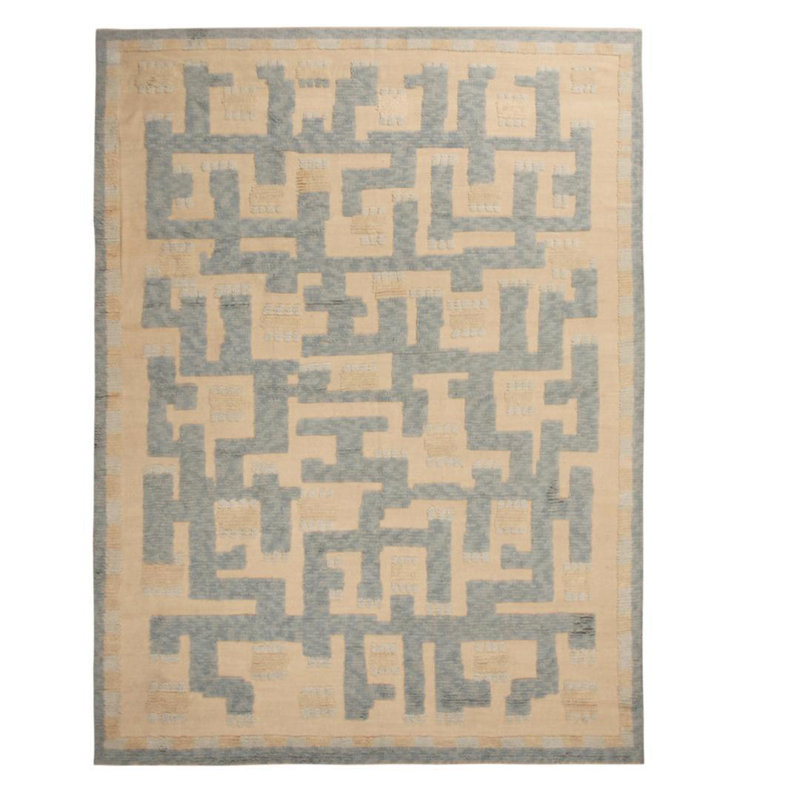 Rug & Kilim’S Scandinavian-Inspired Geometric Beige And Blue Wool Pile Rug, Rectangle 12' x 15'