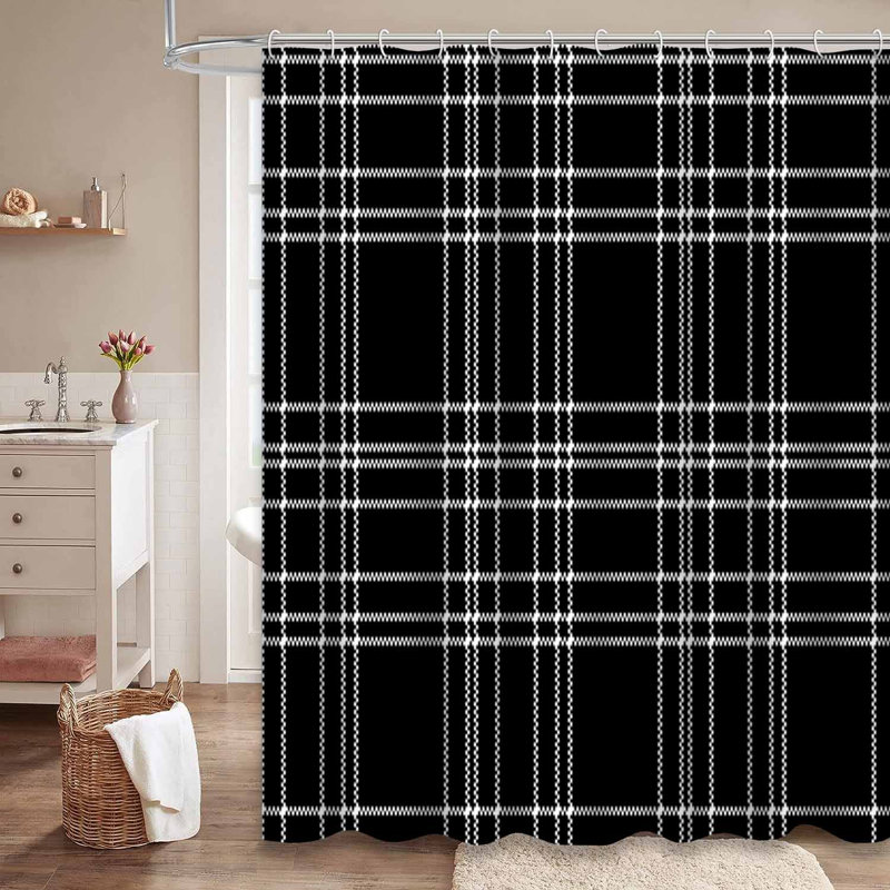 Rideau de douche monochrome à carreaux noir et blanc avec 12 crochets, L 72 po x l 72 po
