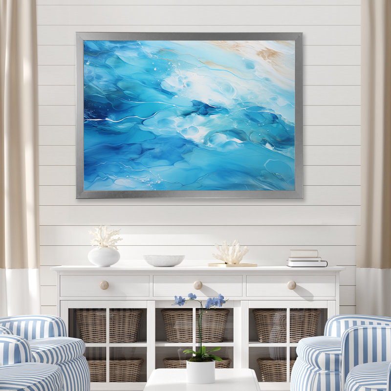 Décoration murale azur bleu lagon - plage et océan, Cadre simple argenté, H 30 po x l 40 po x P 1,5 po