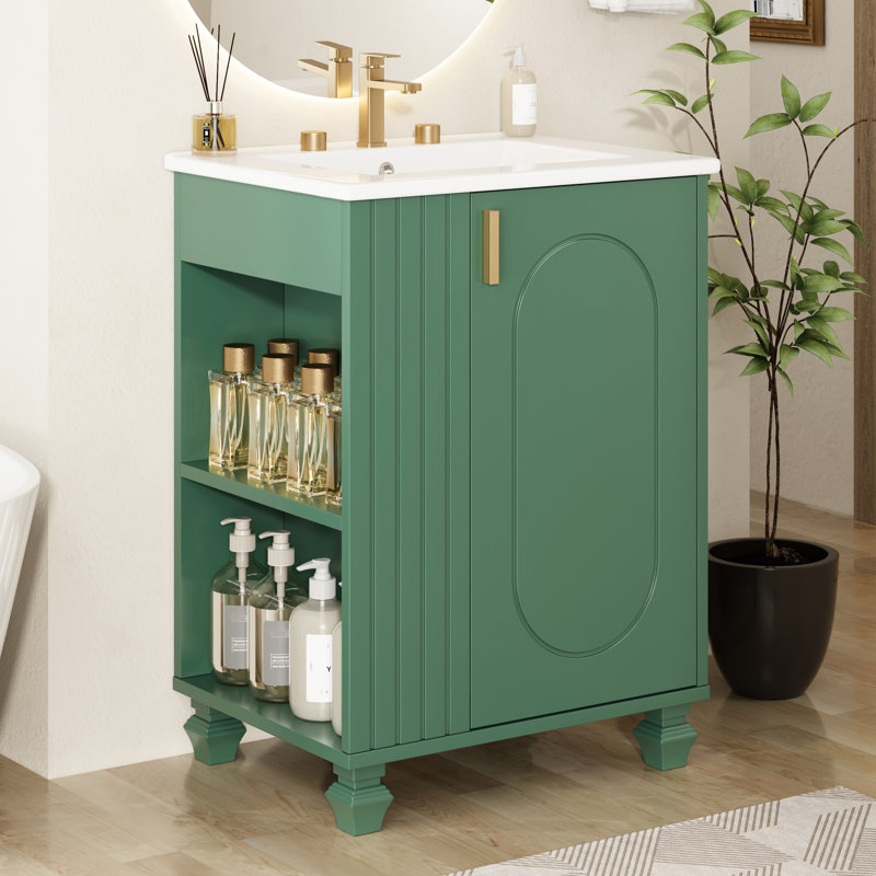 24" Bathroom Vanity With Smooth Sink, Solid Pine Wood Frame, Multifunctional Storage, Hinges, Finish, Finish Classic Legs, Shelving, Easy Assembly, Freestanding