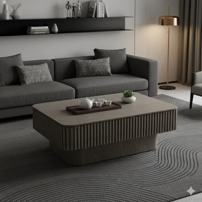 Table basse à plateau relevable cannelé de 38,6 pouces avec placage en bois massif. Une table d'appoint moderne avec rangement et hauteur réglable pour le salon, la chambre à coucher, un appartement ou un bureau, en gris.