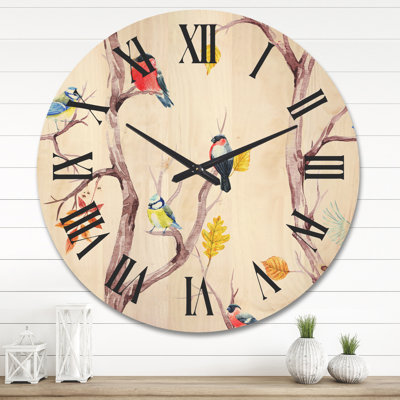 Horloge murale en bois arbres d'automne et petits oiseaux