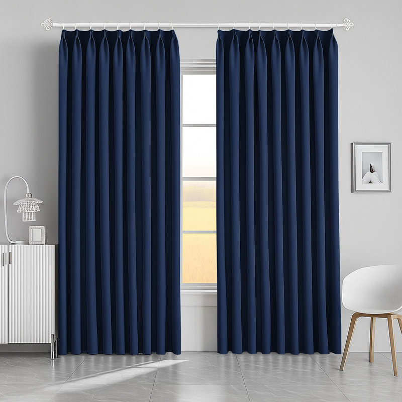 Aspire Homeware Hotel Style Polyester Room Darkening Pencil Pleat Curtain Pair for Luxury Bedroom Decor, Navy