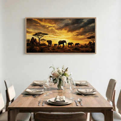 «Elephant Sunset», reproduction d'art sur toile encadrée de 1 x 58 po x 28 po