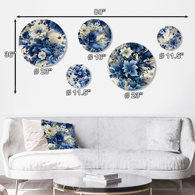 Romantic Cobalt Blue and Beige Floral Metal Wall Art Set