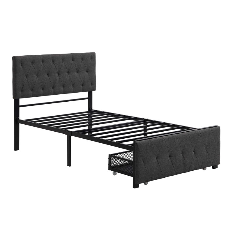 Upholstered Metal Platform Storage Bed, Gray, Twin
