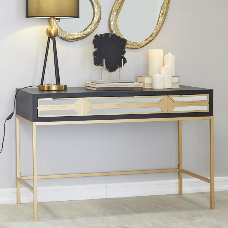 Thetisa Iron Writing Desk with Built-In Electrical Outlet, Black