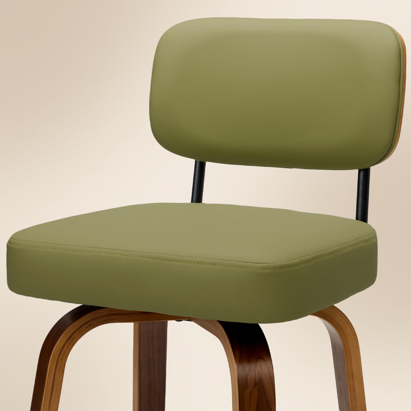 Tabouret de bar pivotant rembourré avec structure en bois courbé au fini noyer, Vert, 29.5