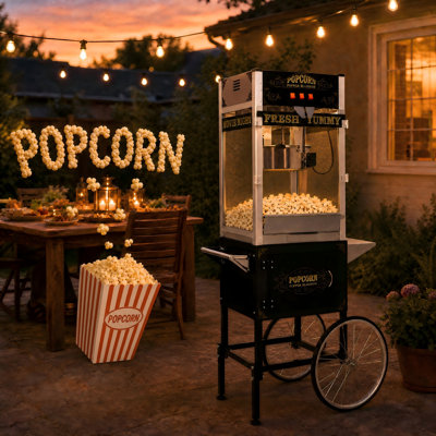Machine à maïs soufflé 20 oz avec chariot, popcorn à roulettes noir antique avec roues de 16 po et armoire de rangement