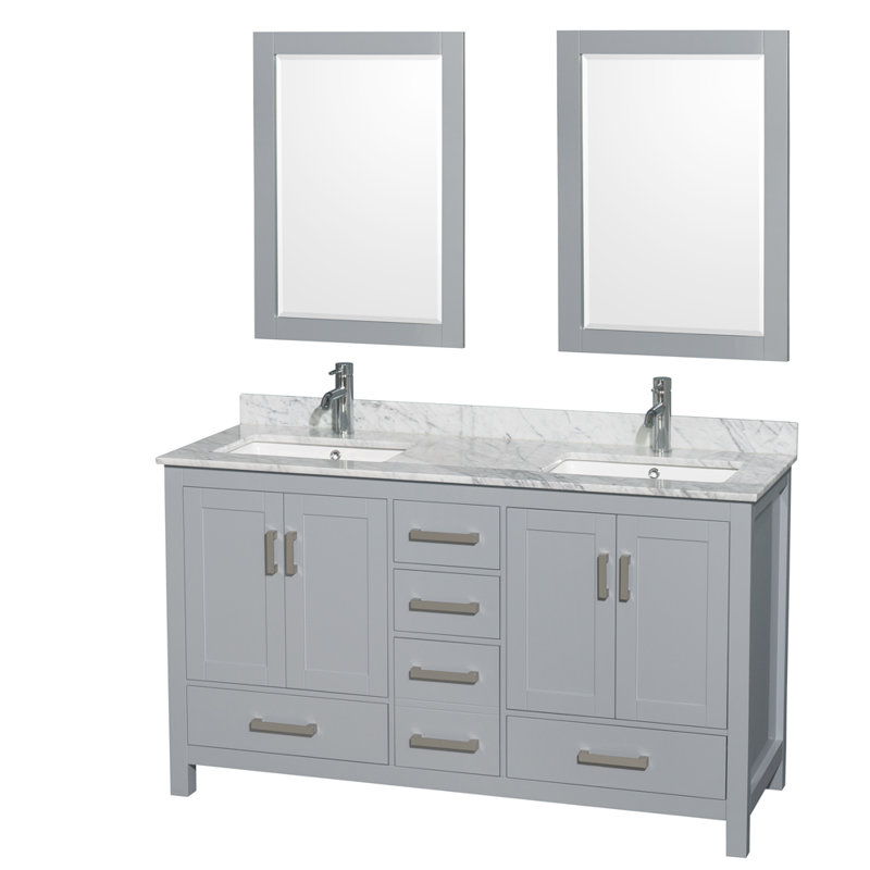 Sheffield 60" Freestanding Double Bathroom Vanity with Marble Top with 24" Mirrors, Gray