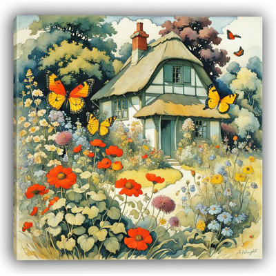 "Butterfly Garden Cottage" – Whimsical Floral Canvas Wall Art